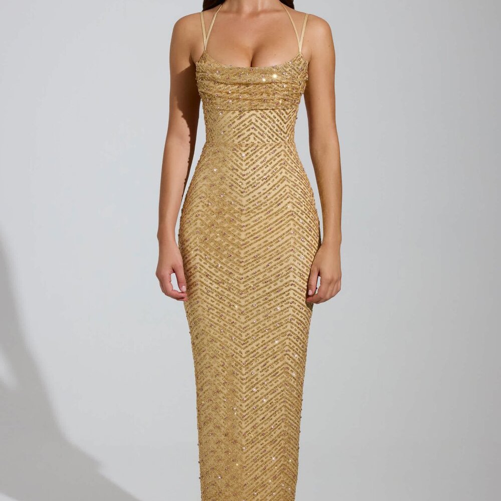 OhPolly Constance Embellished Cowl-Neck Maxi Dress in Gold, 6